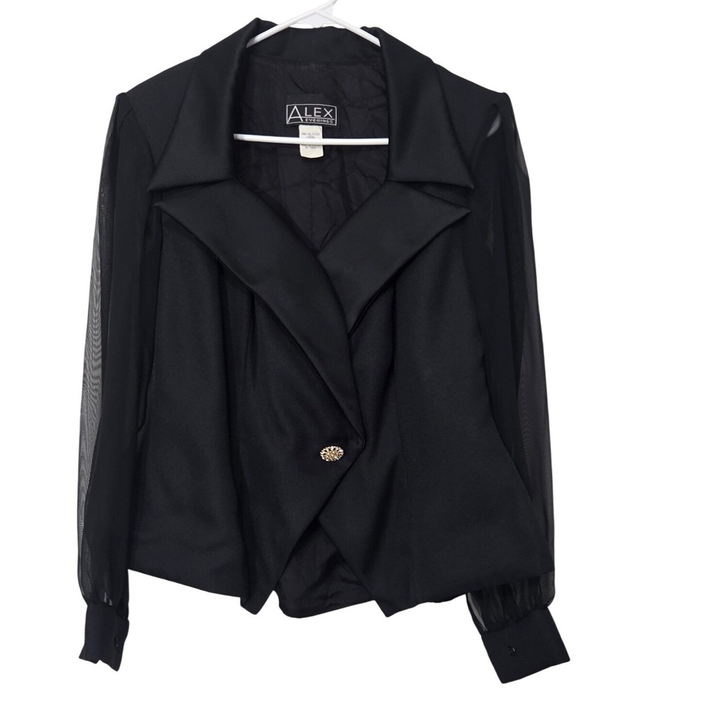 Alex Evenings Womens Black Sheer Sleeve Evening Blazer Jacket Rhinestones Size M